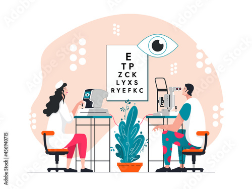 An ophthalmologist checks your vision. The medical concept of Ophthalmology. Flat Cartoon Vector Illustration.