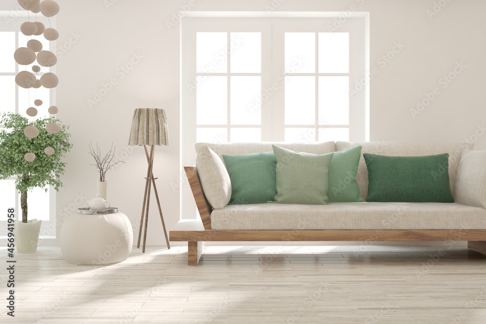 Fototapeta premium Modern living room in white color with sofa. Scandinavian interior design. 3D illustration