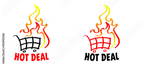 Slogan hot deal ! Cartoon, burning fire or flame pictogram. Flat vector deals logo, Hot sale, price offer deal banner with fire sign. Special tag or badge, business or discount promotion. Fire labels 