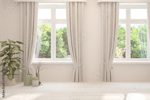 Stylish empty room in white color with summer landscape in window. Scandinavian interior design. 3D illustration