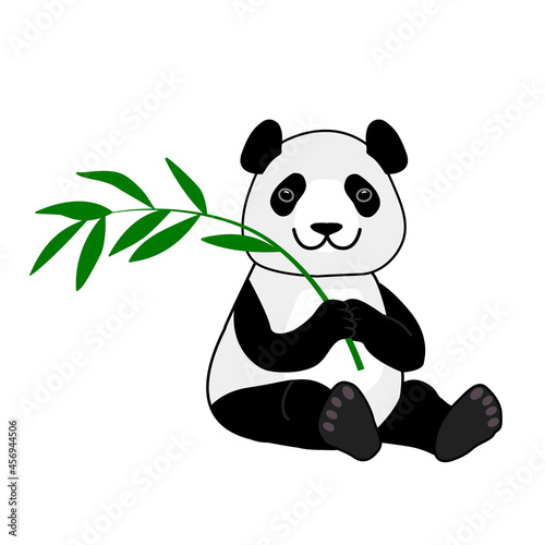 Cute smiling panda bear sitting with bamboo branch. Vector cartoon illustration isolated on white background.