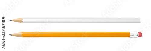A set of white and yellow pencils. A template for applying an identity or logos. A yellow pencil with a red eraser. Realistic 3D stile. Stationery.