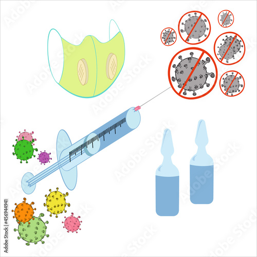 A vector illustration of a vaccination concept with a syringe, a face mask with flaps, coronavirus symbols and  two medical ampoules isolated on white background. Designed for medical antiviral concep