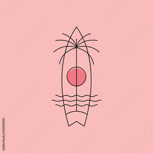Photography creative tropical surf and ocean palm line art logo vector symbol design