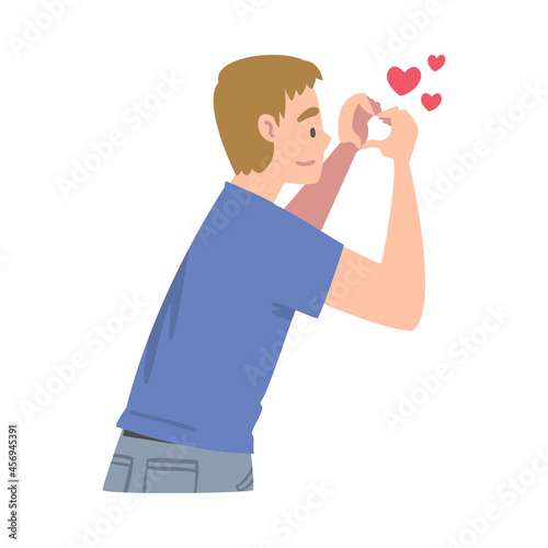 Man Showing Heart Gesture as Social Media Follower and Subscriber Showing Adoration Vector Illustration