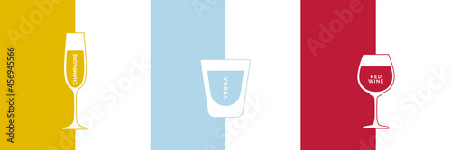 Rum, vodka and red wine glass in minimalist linear style with text. Contour of glassware on right side in form of fine line. Two types of multi-colored drink. Isolated image on white backdrop