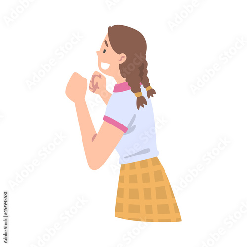 Female Holding Fists as Social Media Follower and Subscriber Showing Adoration Vector Illustration