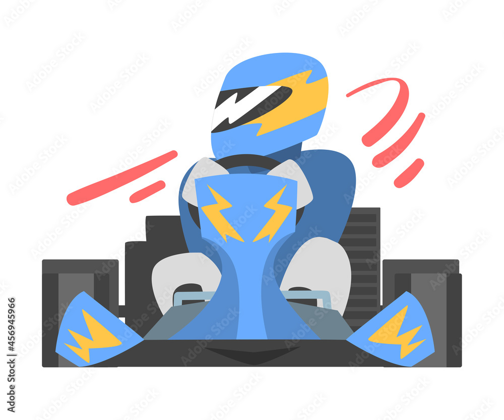 Kart Racing or Karting with Man Racer in Open Wheel Car Engaged in Motorsport Road Extreme Driving Vector Illustration Kart Racing or Karting with Man Racer in Open Wheel Car Engaged in Motorsport Road Extreme Driving Vector Illustration