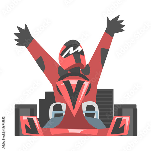 Kart Racing or Karting with Man Racer in Open Wheel Car Engaged in Motorsport Road Extreme Driving Vector Illustration
