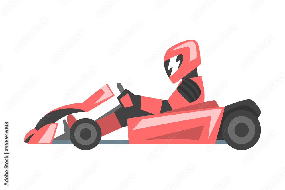 Kart Racing or Karting with Man Racer in Open Wheel Car Engaged in Motorsport Road Extreme Driving Vector Illustration - obrazy, fototapety, plakaty 