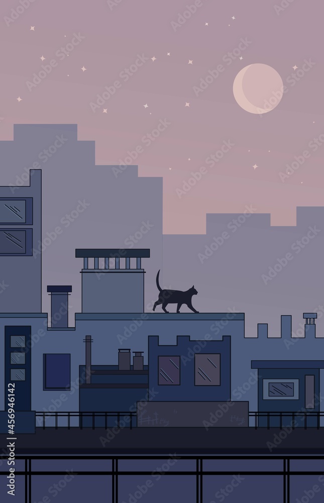 night city landscape, city at night, buildings in the city, background moon and houses, stylization of houses and buildings in blue and pink colors, high-rise buildings, silhouette of a cat