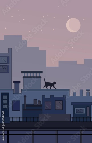 night city landscape, city at night, buildings in the city, background moon and houses, stylization of houses and buildings in blue and pink colors, high-rise buildings, silhouette of a cat