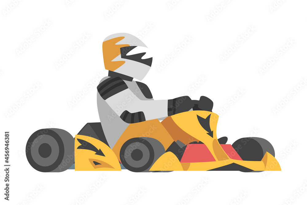 Fototapeta premium Kart Racing or Karting with Man Racer in Open Wheel Car Engaged in Motorsport Road Extreme Driving Vector Illustration