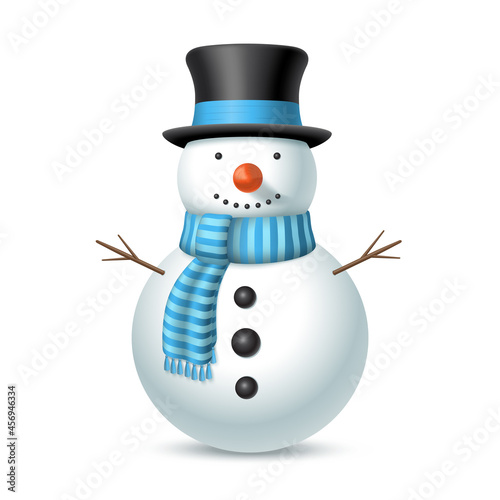 Christmas snowman with top hat and striped scarf isolated on white background. Vector illustration