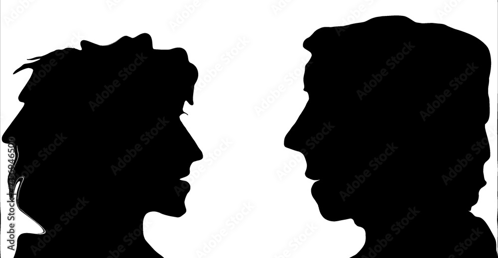 Black side person face silhouette, couple concept.