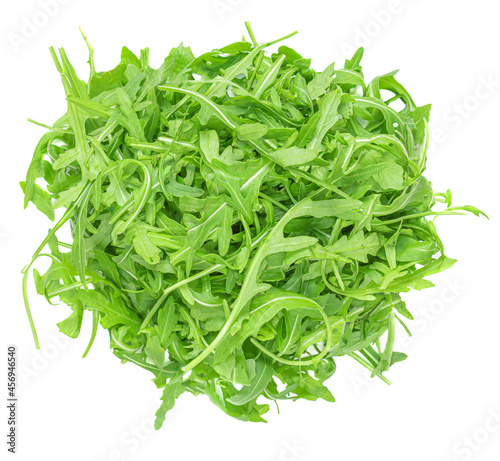Rucola leaves isolated on white background. Green fresh  Rocket salad or arugula leaf, top view. Flat lay.