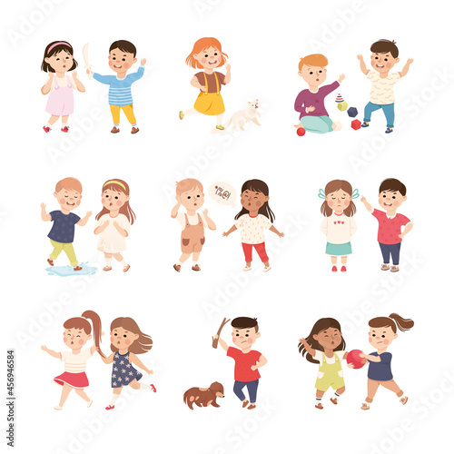 Offensive Kids Bullying and Abusing the Weak Agemate Teasing and Laughing at Them Vector Set