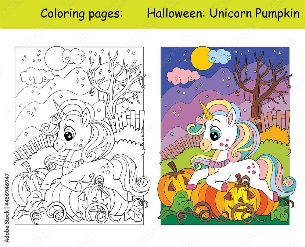 Coloring and colorful cute unicorn lies on pumpkins