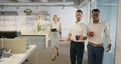 Embarrassed businessman walking into office naked diverse people looking with shock slow motion walk POV shot concept series photo