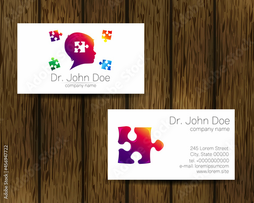 Psychology vector visit card Puzzle Autism Modern logo. Creative style. Design concept for Brand company. Violet color isolated on tree background. Symbol for web, print. vVsiting personal set