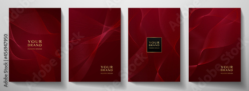 Contemporary technology cover design set. Luxury background with red line pattern (guilloche curves). Premium vector tech backdrop for business layout, digital certificate, formal brochure template photo
