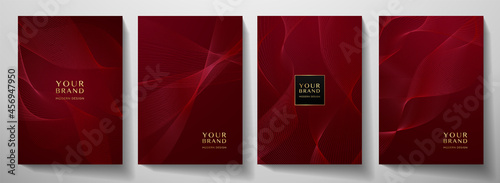 Contemporary technology cover design set. Luxury background with red line pattern (guilloche curves). Premium vector tech backdrop for business layout, digital certificate, formal brochure template