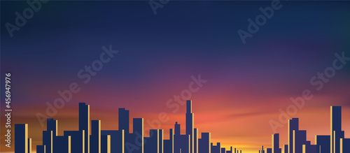 City landscape perspective. Road with bill boards. Colorful sunset.