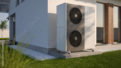 Air heat pump beside house, 3D illustration photo