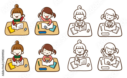 教室で授業を受ける女の子たちの手書きイラスト