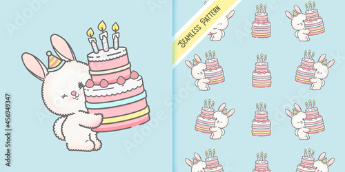 Lovely baby bunny with a huge cake and seamless pattern