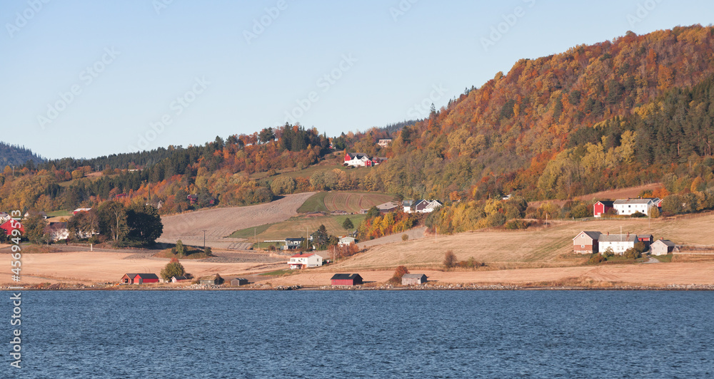 Norwegian countryside landscape. Small coastal village