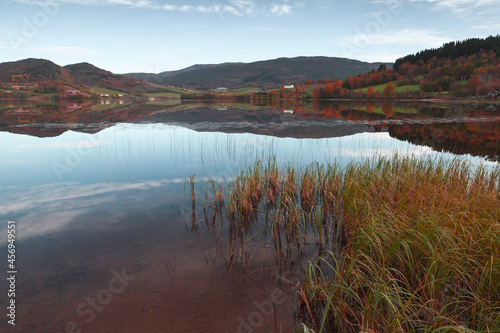 Rural Norwegian landscape with still lake