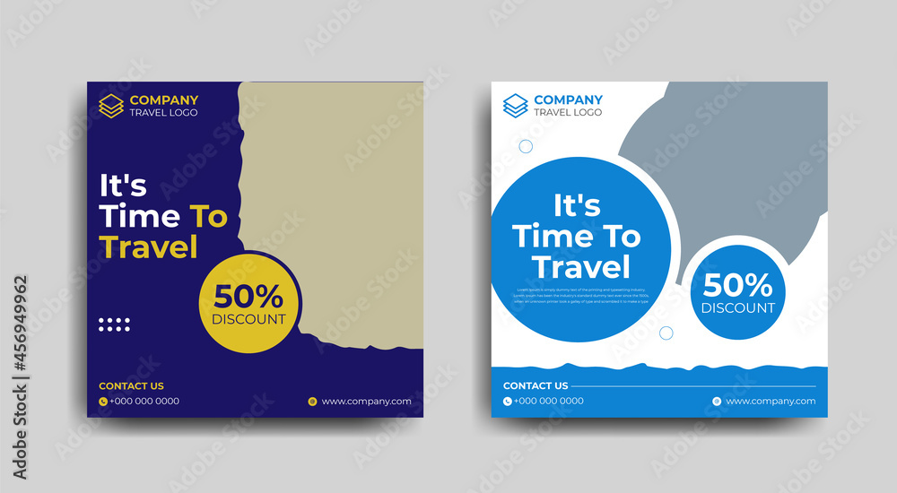 Obraz premium Set of travel sale social media post template. Web banner, flyer or poster for travelling agency business offer promotion. Holiday and tour advertisement banner
