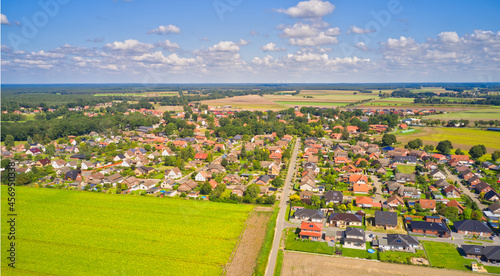 Aerial view of a village on the edge of the Luneburg Heath in northern Germany with single family houses on small plots of land