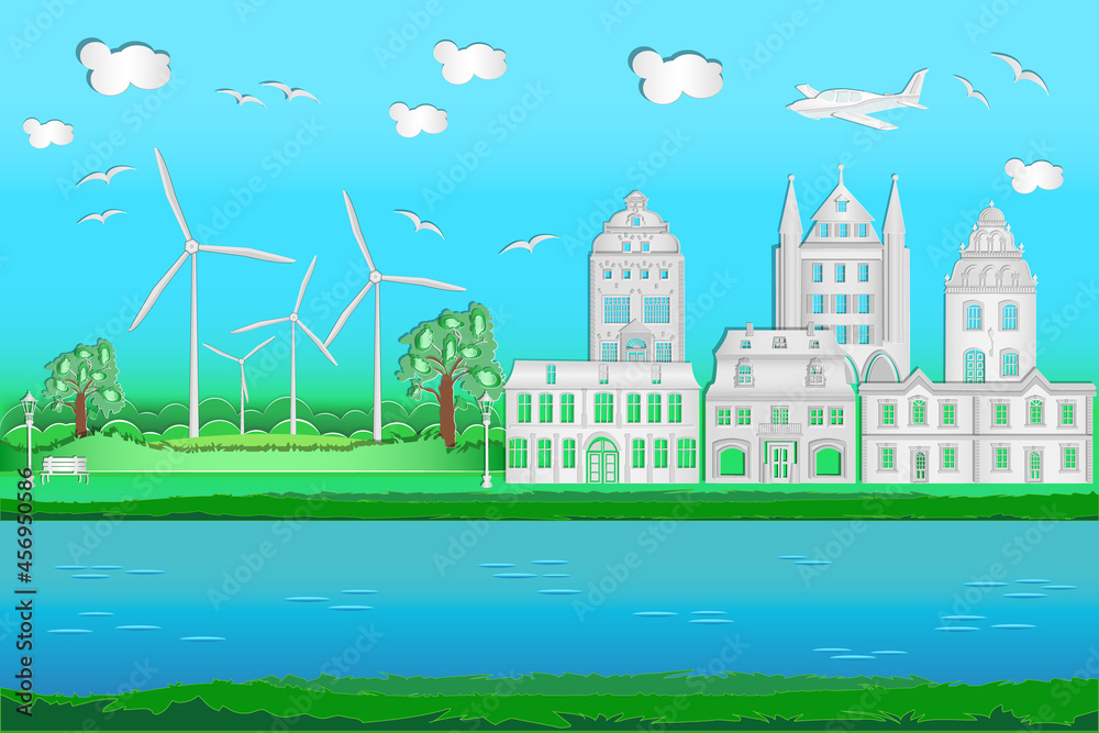 Cityscape with origami houses, river, windmills, airplane, blue sky and clouds. Green friendly and save energy urban landscape. Eco city of paper art style. Environment conservation concept. Vector