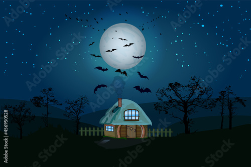 Halloween night background with house, full moon, starry sky, tree silhouette and bats. Horror witch house under moonlight.Halloween day theme with spooky nighttime landscape.Stock vector illustration