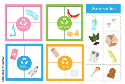 Garbage sorting educational children game. Match trash with bin Sorter activity for kids