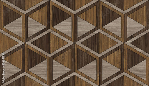 Oak vector artistic parquet with optical illusions. Cubes. Modern wood floor. Luxury Art Deco interior. Geometric seamless ornament.  Floor drawing. Wood texture. Endless 3D pattern. photo