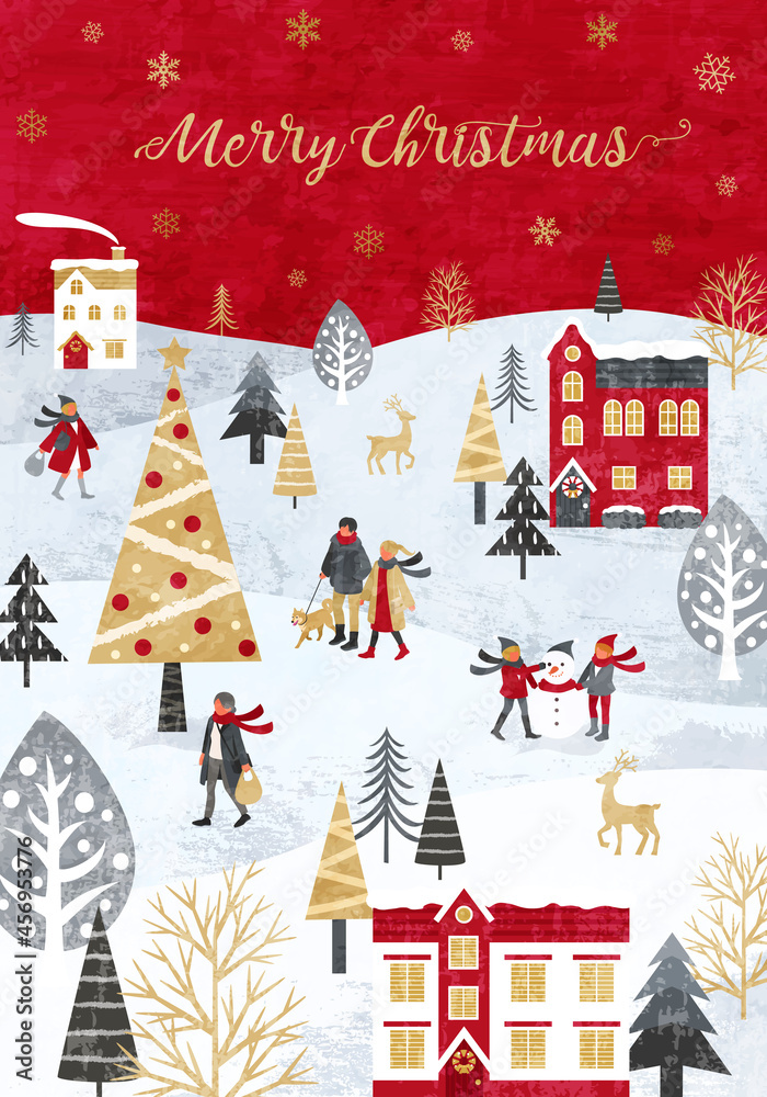 雪が降るクリスマスの街並みと人々のベクターイラスト背景(christmas, Merrychristmas,冬,赤,白)