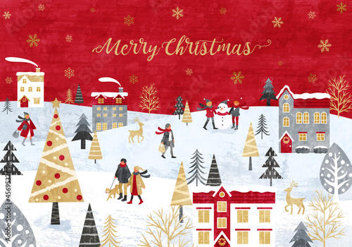 雪が降るクリスマスの街並みと人々のベクターイラスト背景(christmas, Merrychristmas,冬,赤,白)
