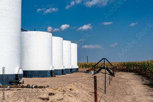 Картината върху платно crude oil storage tanks with secondary containment and fencing in a rural corn f