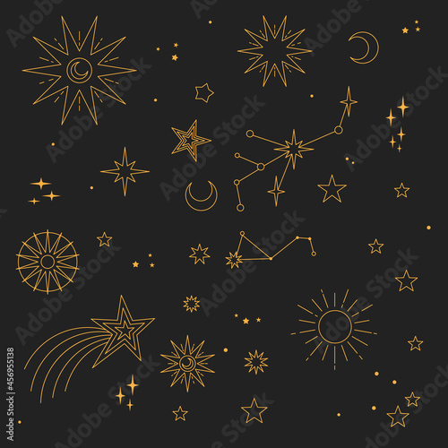 Astral elements vector design. Cosmic, celestial background. Stars, planets, sun, cosmos linear icons. photo