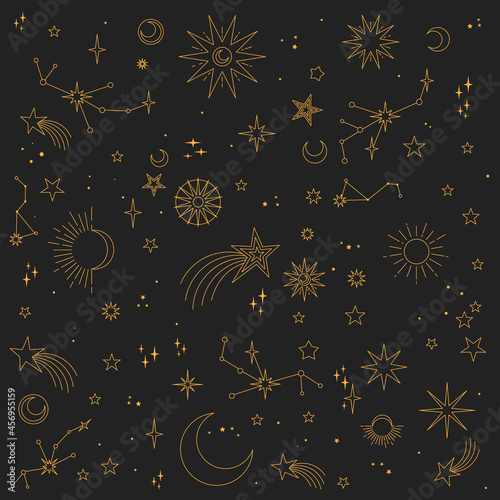 Stars, moons and constellations. Linear design astrology elements. Seamless pattern of celestial space background.