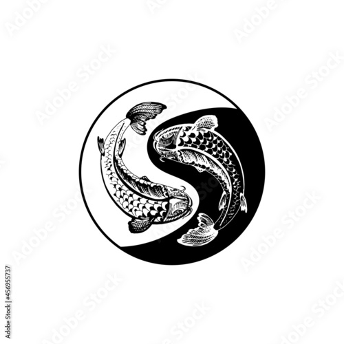 Two koi carps. Yin yang symbol. Vintage engraving monochrome illustration. Isolated on white