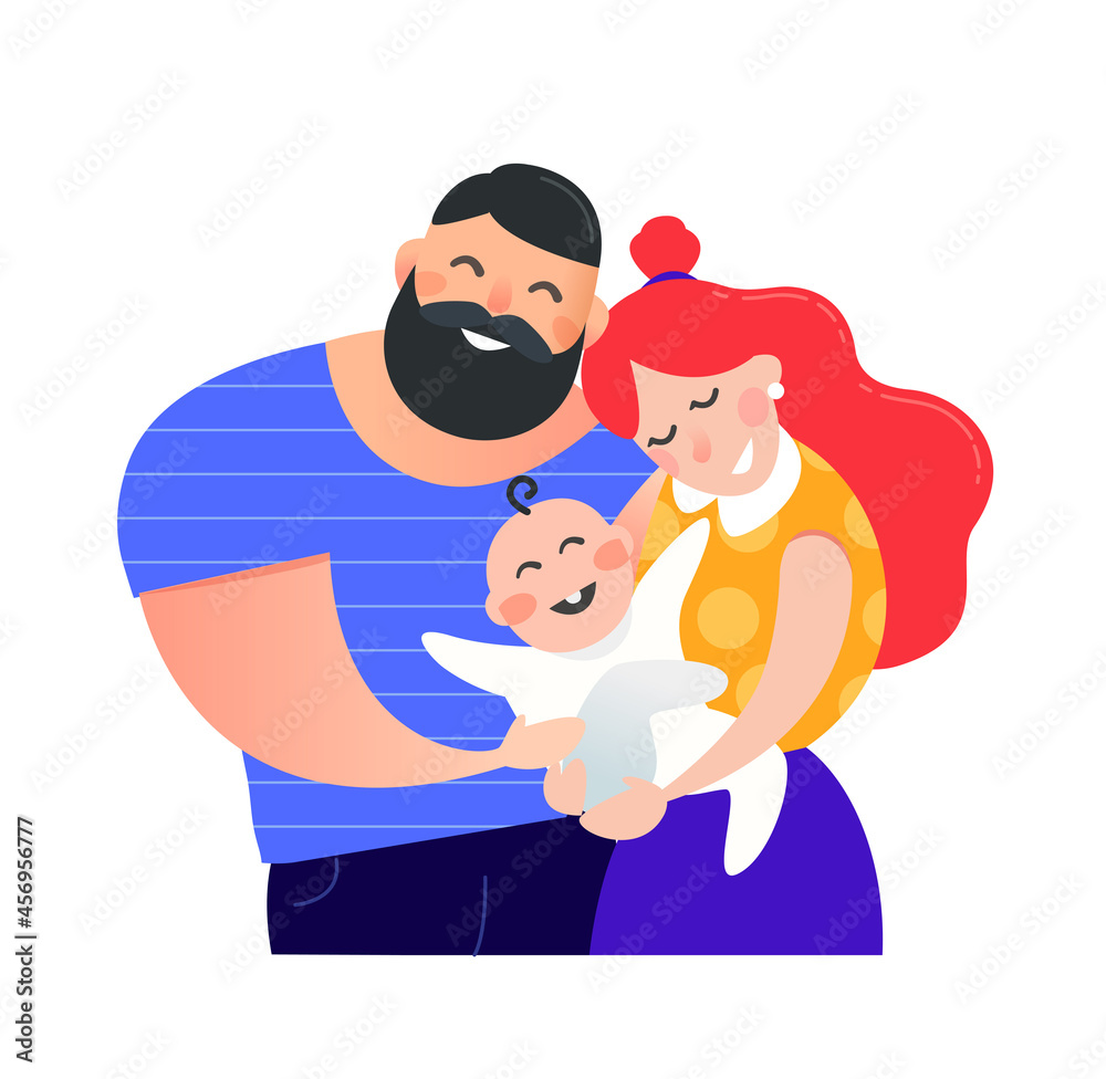 Cartoon happy young family with newborn baby in mother arms - flat vector illustration. Young parents with son character on white background