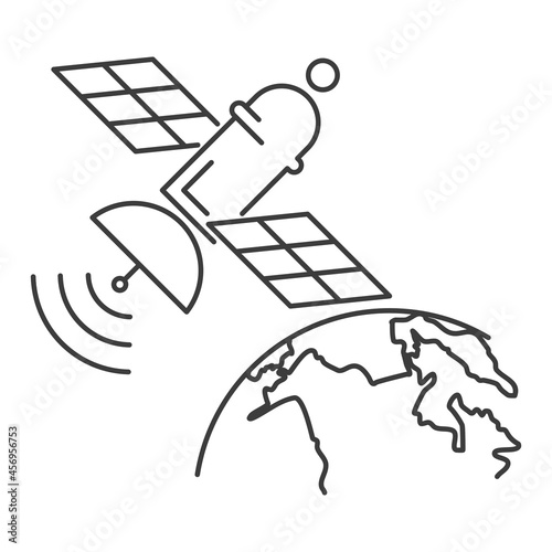 Artificial manmade satellite orbits earth. Concept of networking and communication of information. Thin line illustration. Isolated.