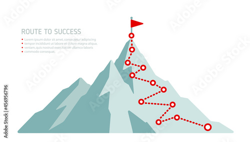 Route to the top  and flag on the peak mountain business success concept. Goal achievement and victory. Landscape with flag on the mountain. Route to success concept vector illustration