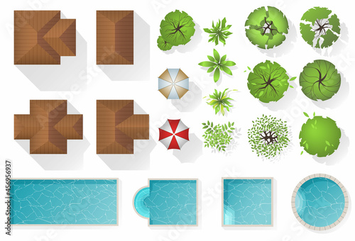 Set Landscape elements, top view. Houses, architectural elements, plants, garden, trees, swimming pools, umbrella. Landscaping symbols, Outdoor set isolated on white. View from above.