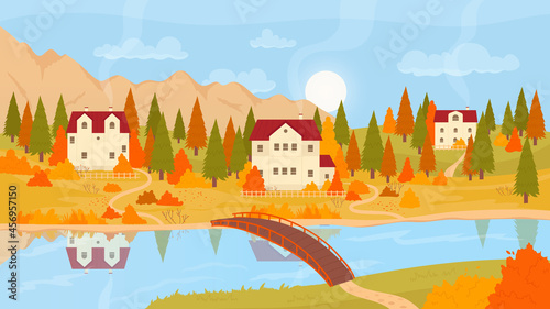 Autumn nature mountain landscape, houses, bridge on river vector illustration. Cartoon European village countryside skyline, manor buildings with farm gardens and yards, colorful trees background