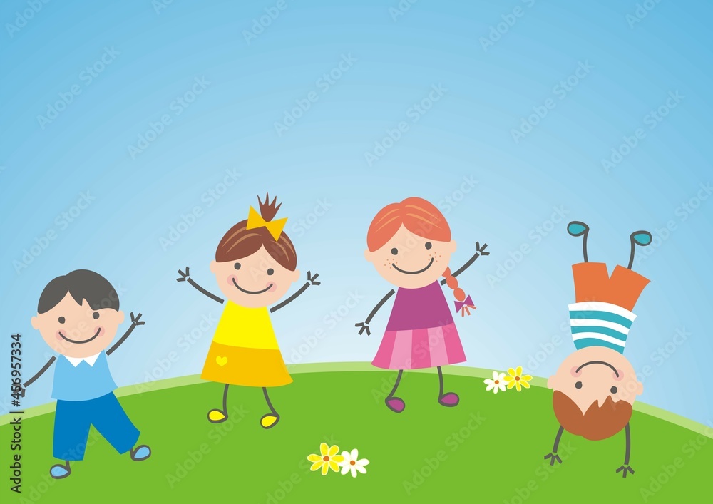 Jumping kids on meadow, funny vector illustration, blue background	